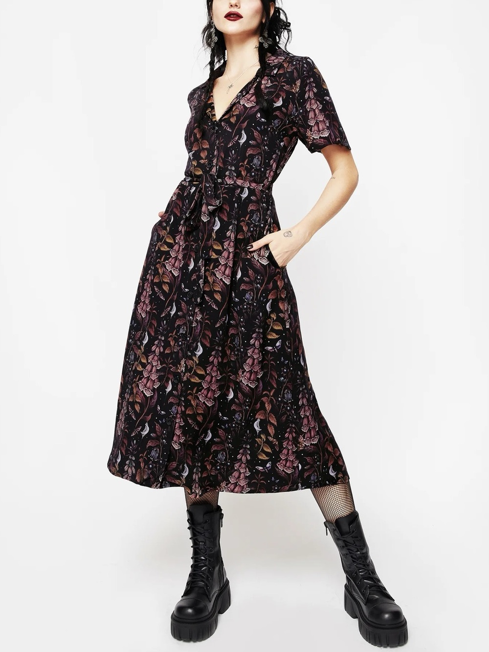 NEW Disturbia Foxglove Midi Shirt Dress Pockets Dark Botanical Goth Grunge US12 - Picture 3 of 13